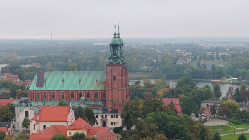 Drone View of Gniezno Cathedral and Historic City Center in Autumn, Poland