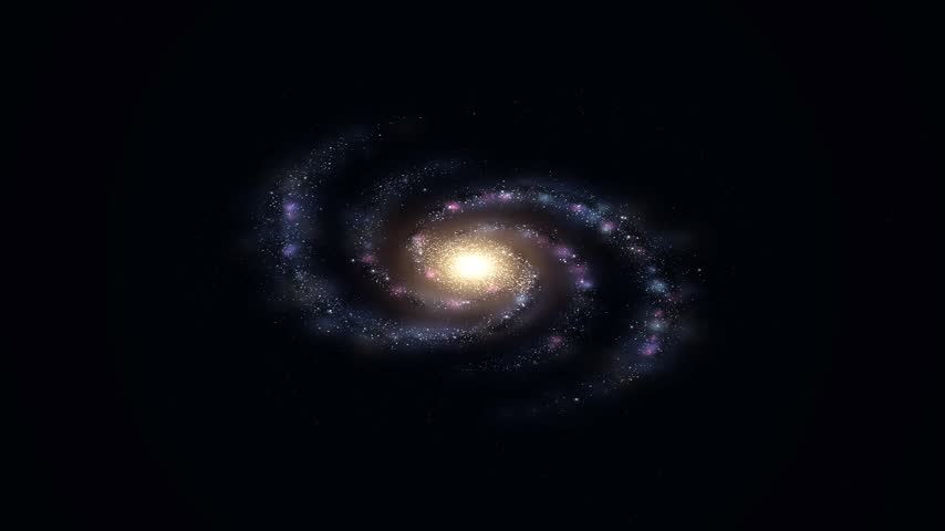 A rotating spiral galaxy animation of the Milky Way featuring a glowing bright core and sparkling star clusters in deep space.