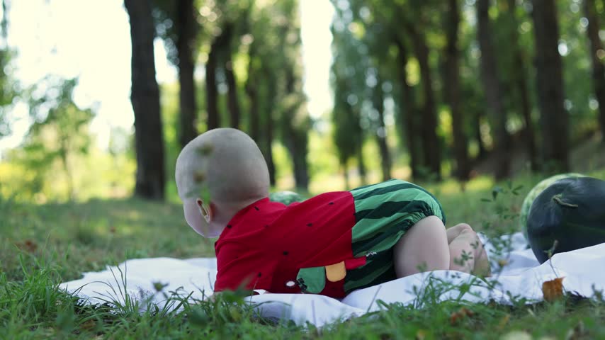 On a white blanket in a grassy woodland, the child moves among several whole watermelons in a playful red and green fruit-themed outfit