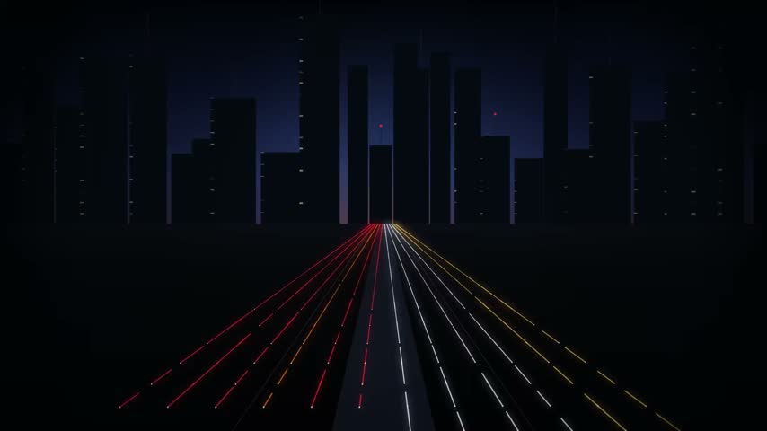 Minimalist Futuristic Cityscape Night Road Vector Background. This high-quality vector illustration features a minimalist, futuristic cityscape viewed from a highway perspective at night. The design utilizes a sleek, dark aesthetic with vibrant glowing light trails in red, white, and yellow representing vehicle traffic moving through an urban environment. The composition employs strong vanishing point perspective to guide the viewer