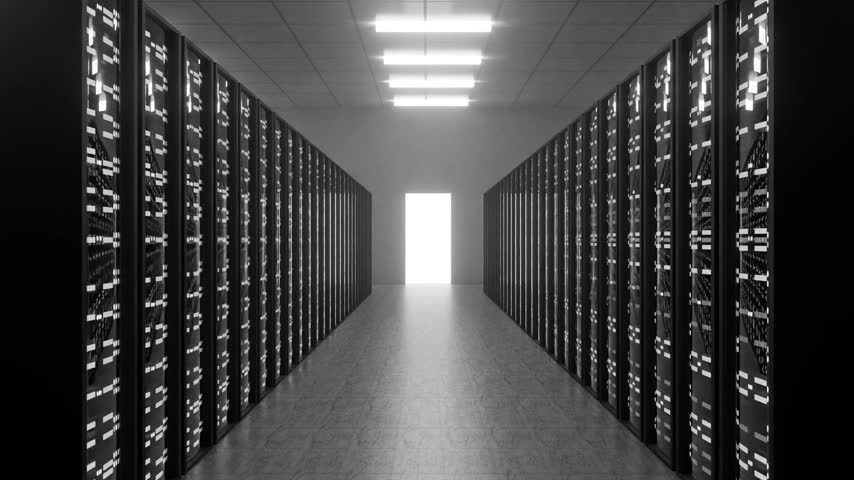 Monochrome data center corridor with illuminated server racks and a bright doorway