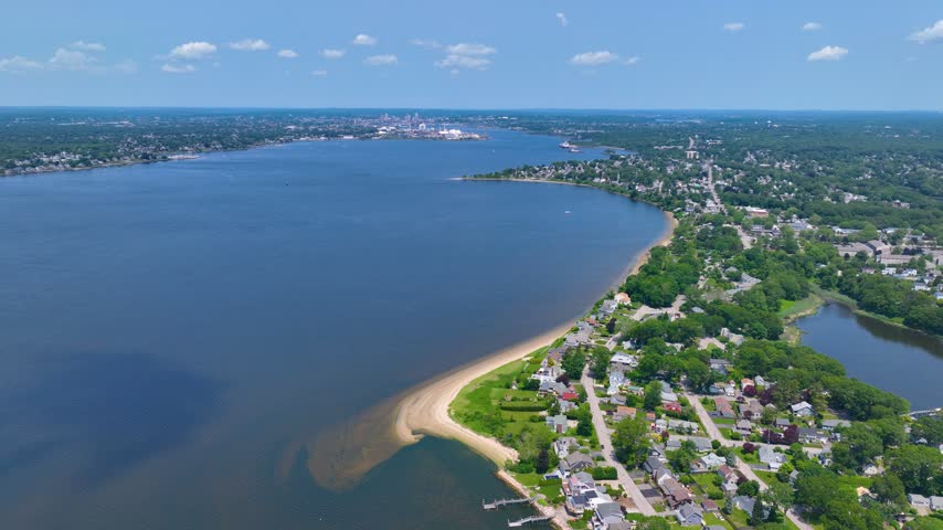 Providence River aerial view from Bullock Point in East Providence, with Warwick city across the river, East Providence, Rhode Island RI, USA. 