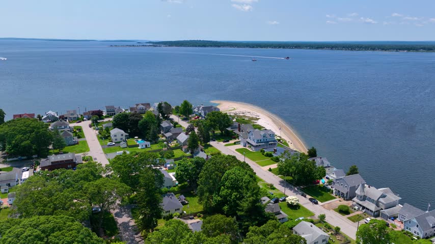 Providence River panoramic aerial view from Bullock Point in East Providence, with Warwick city across the river, East Providence, Rhode Island RI, USA. 