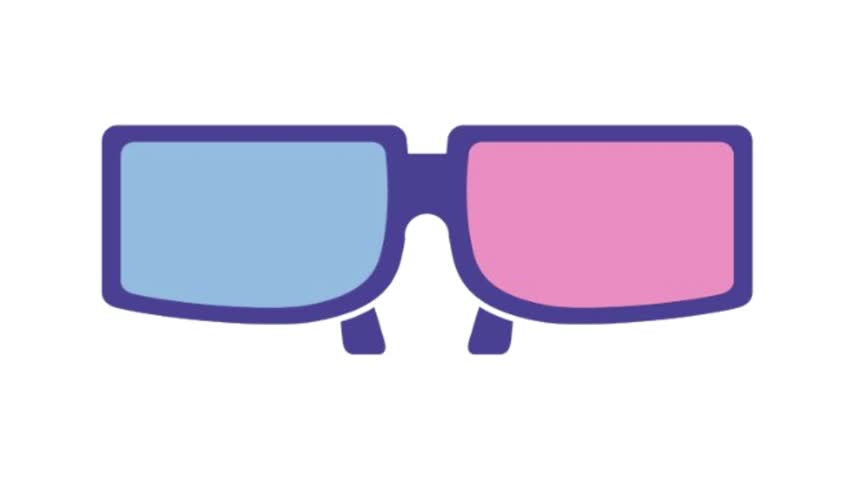 A minimalist flat vector illustration of anaglyph 3D glasses featuring a purple frame with blue and pink lenses, isolated on a white background for cinema-themed graphic design.