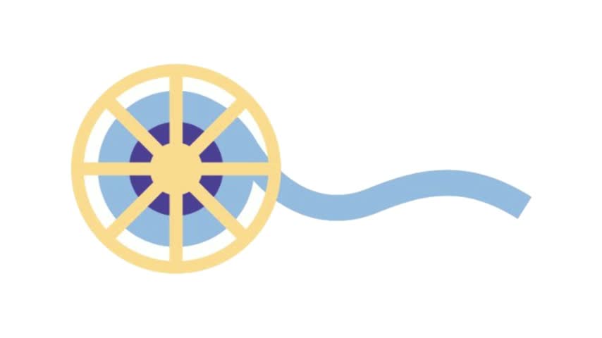 Minimalist flat vector illustration of a vintage-style cinema film reel with a blue tape tail against a clean white background.