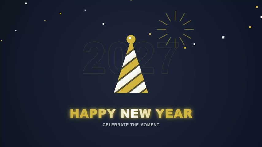 Party hat illustration centered on a blue background with festive fireworks and confetti motion