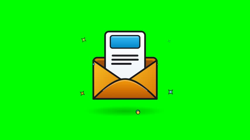 This vibrant two dimensional vector animation features a bright orange paper envelope holding a white document against a solid green backdrop. Several small glowing stars float rhythmically around the central mail object while gentle shadows cast downward. The clean graphic design utilizes bold black outlines and cheerful rich hues to create a playful modern communication concept suitable for digital projects.