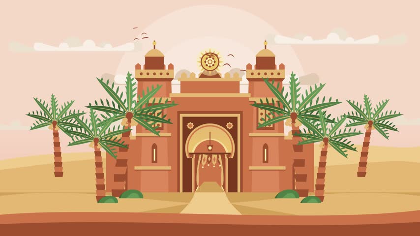 A desert fortress surrounded by palm trees under a bright sunny sky.