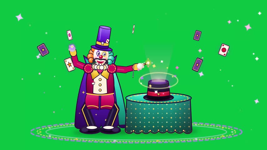 A colorful cartoon illustration of a magician in a top hat and cape, making a rabbit appear from a hat surrounded by playing cards and sparkles.