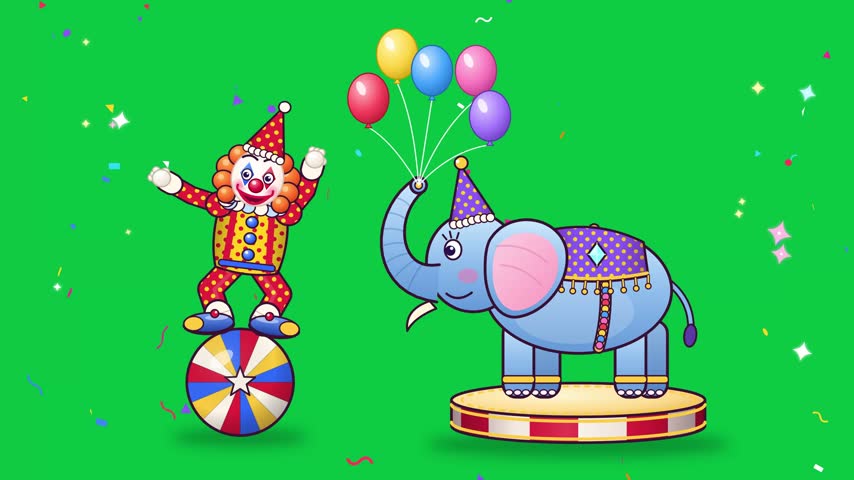 A vibrant cartoon animation featuring a cheerful clown balancing on a unicycle alongside an elephant holding balloons, set against a green screen background with sparkling effects.