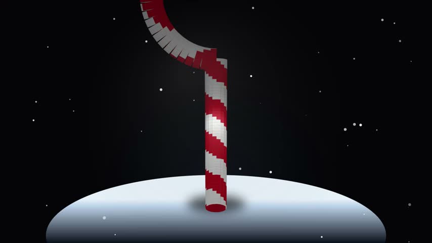 Festive candy cane pole planted in winter snow gently illuminated with atmospheric falling particles. Ideal for holiday promotions and seasonal greetings.