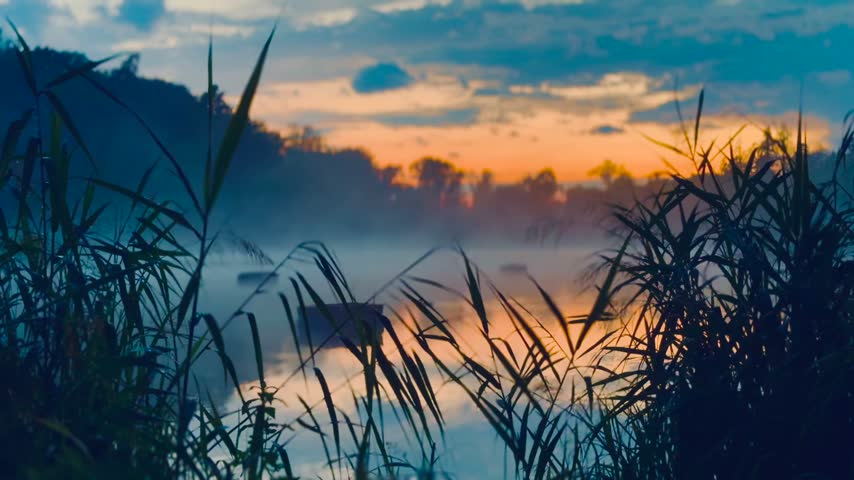 Misty water reflects orange sunset beyond silhouetted reeds in peaceful landscape associated with Lengwil, Kreuzlingen, Switzerland. Distant wooded hills meet cloud streaked evening sky.