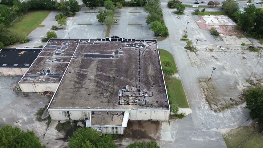 Deteriorating commercial architecture stands dormant amid wild weeds weathered concrete walls adjoining desolate parking fields along Charleston. Native woodland canopies, South Carolina. USA.
