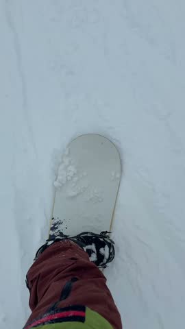First-person downward view shows a snowboard gliding ahead and rotating across the snow into a turn in Bialka Tatrzanska, Poland.