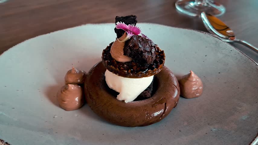 Fine dining chocolate desert in a fancy restaurant