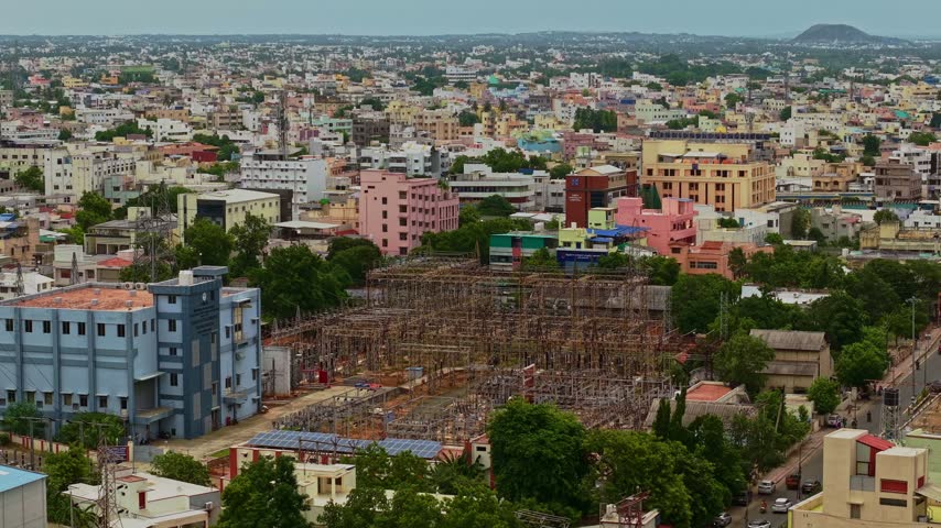Aerial shot of a giant power grid in a suburb in Tamil Nadu.