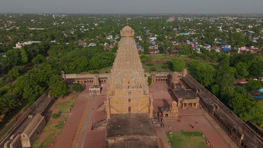 An aerial shot of Brihadeeswara Temple, or Thanjai Periya Kovil, is the most iconic temple in India