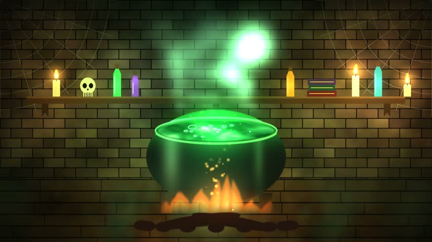 Witch’s cauldron bubbling with glowing green potion over a crackling fire in a dark stone cellar. Green steam rises and casts an eerie light on the brick wall, while candles flicker beside a skull, potion bottles and old books on a wooden shelf. Seamless 15-second loop for Halloween, witchcraft and magic-themed projects.
