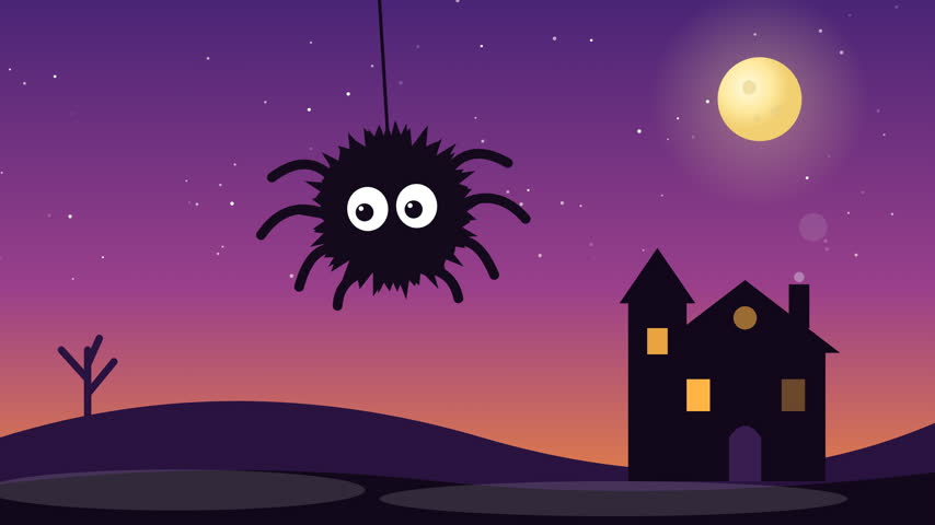 Cute Cartoon Spider Hanging Outdoors at Night with Haunted House and Glowing Moon Halloween Illustration