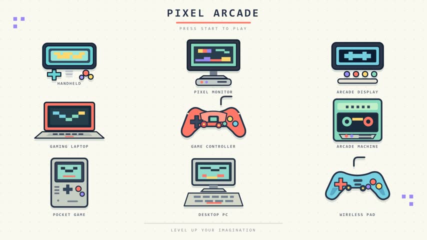 Retro Gaming Equipment and Console Pixel Art Icon Set Illustration