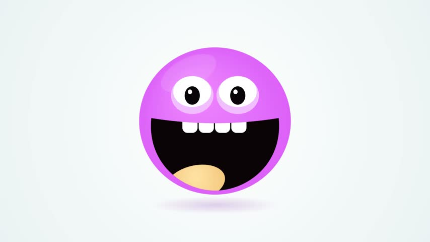 Cute purple cartoon face smiling widely with big happy eyes and white teeth against a clean light background for creative digital graphic design projects