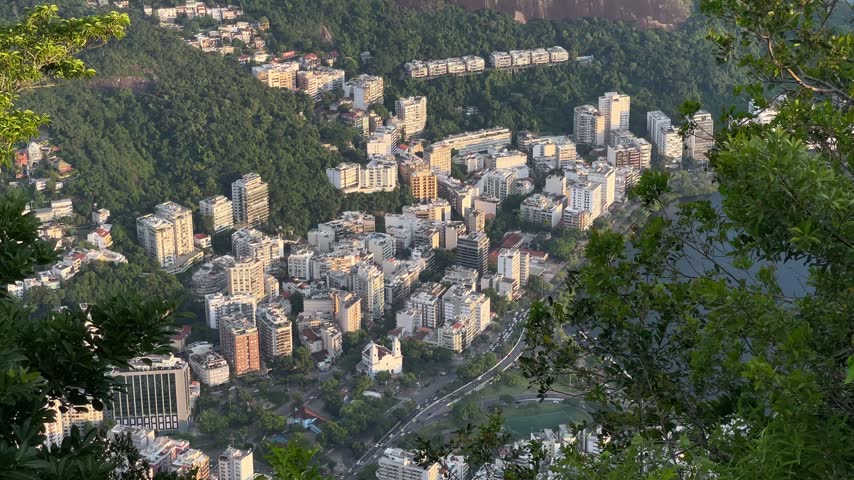 Aerial view of the cityscape in Rio de Janeiro Brazil with lush greenery and buildings