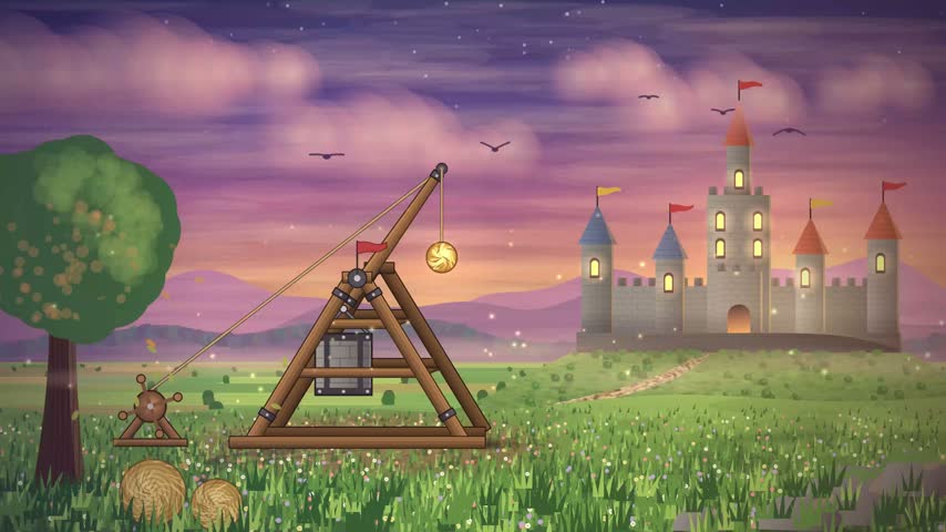 A magical fantasy scene featuring a wooden catapult firing a glowing projectile towards a majestic castle under a purple twilight sky.