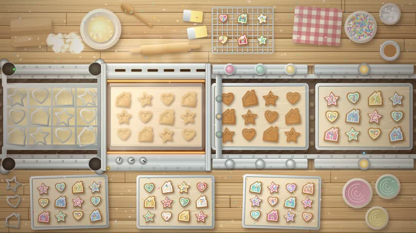 A collection of various shaped cookies in pastel colors arranged on baking trays on a wooden surface resembling a cozy cooking game interface