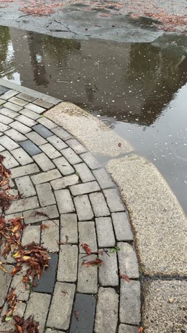 Flooded Road After Autumn Storm with Undermined Roadway 4k