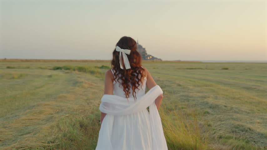 Woman in a flowing white dress runs along a grassy path toward distant Mont Saint-Michel at sunset in Normandy, France
