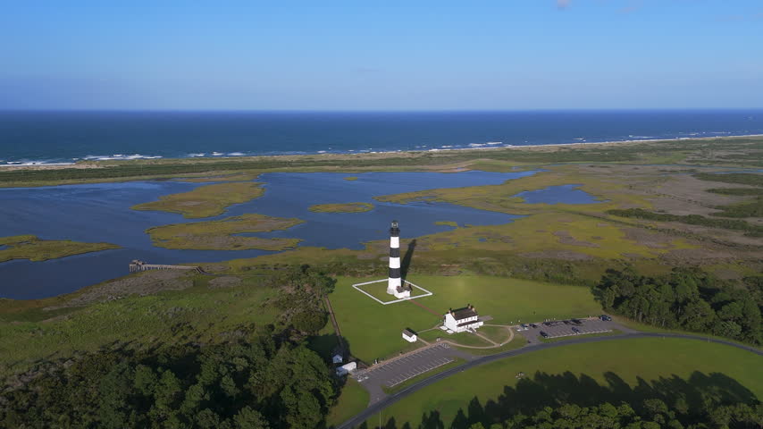 Panoramic Aerial View Of The Bodie Island Lighthouse In The Outer Banks Of North Carolina, United States.