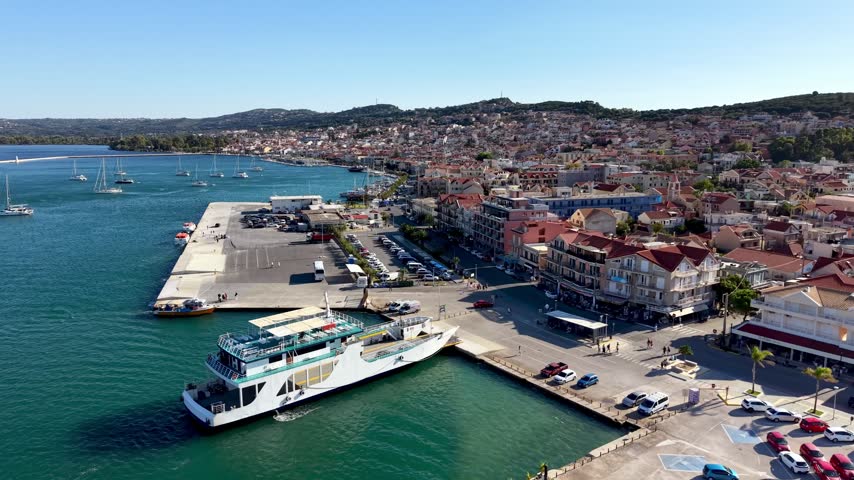 aerial over ferry boat in argostoli greece