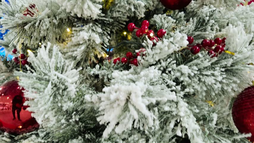 Decorated Christmas tree featuring prominent white ornaments with red, gold, and green decorations, creating an elegant festive display for the holiday season.
