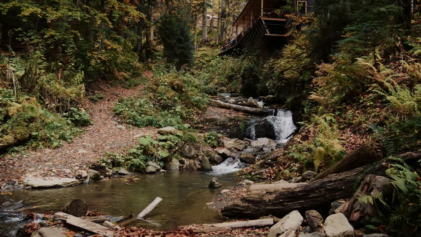 A rustic wooden cabin with a balcony stands above a rocky mountain stream and small waterfall surrounded by autumn foliage, ferns and fallen logs. Daytime in the fall season.