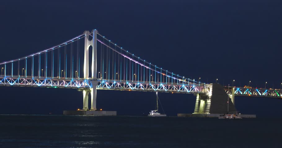 Gwangan Bridge (Gwangandaegyo), Diamond Bridge, Busan, South Korea, illuminated bridge at night in Gwangalli, Suyeong-gu, with fireworks launched from a yachts and boats, seen from Gwangalli Beach