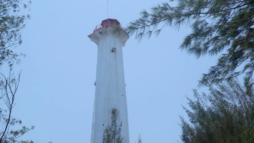 A low-angle view of a lighthouse towering against the sky.