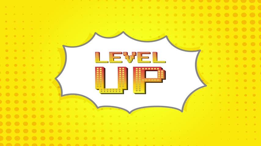 LEVEL UP icon. Pixel art 8 bit. retro game in vector illustrations on retro yellow background.