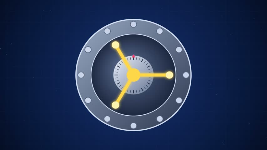 An animated motion graphics sequence featuring a circular bank vault door with a three-spoked glowing handle that rotates and opens to reveal a stack of gold bars inside a glowing golden chamber against a dark blue grid background.