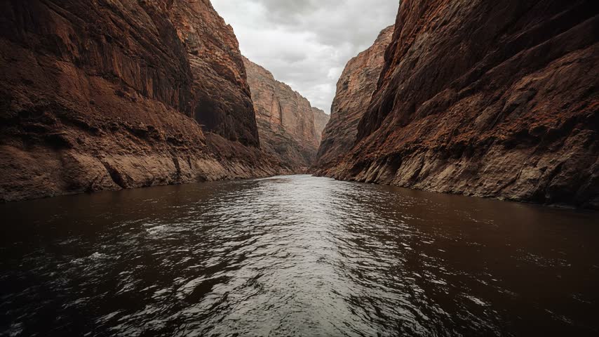 Moving forward along a winding river, a small boat navigates directly through a massive stone gorge. Towering sheer cliffs showcase layered earthy red textures, beneath a dramatic overcast gray sky. Natural ambient illumination highlights the deep water surface, creating an adventurous mood across rugged geological formations.