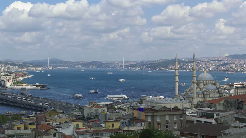 Istanbul skyline view with Blue Mosque and Bosphorus strait