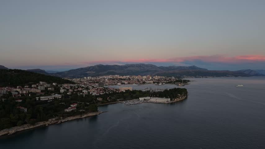 Sunset Aerial Panorama of Beaches and Coastline Leading to Split