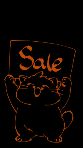 Hand drawn cute cat holding up sale sign swaying left and right happily. Cute shopping promotion loop animation with transparent background and alpha channel for retail and e-commerce.
