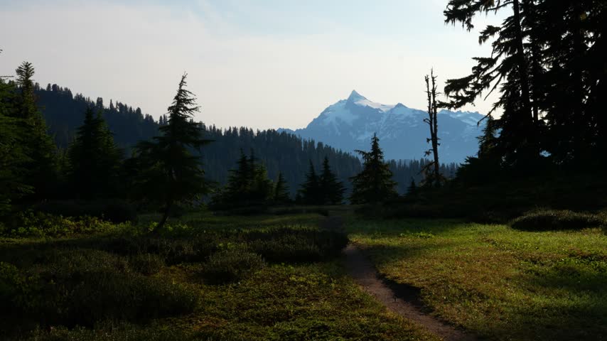 slow pan of hiking trail with mountain peak off in the distance
