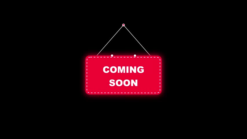 Glowing red neon hanging signboard with coming soon text