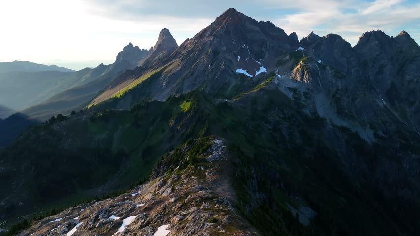 Epic aerial shot of mountain peaks in Northern Cascades of Washington State