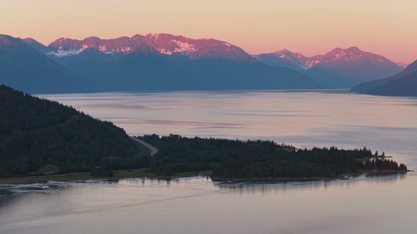 Cinematic Aerial View of Turnagain Arm and Chugach Mountains After Sunset, Alaska