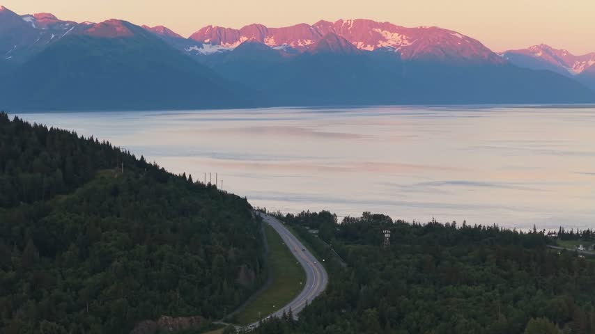 Cinematic Aerial View of Turnagain Arm and Chugach Mountains After Sunset, Alaska