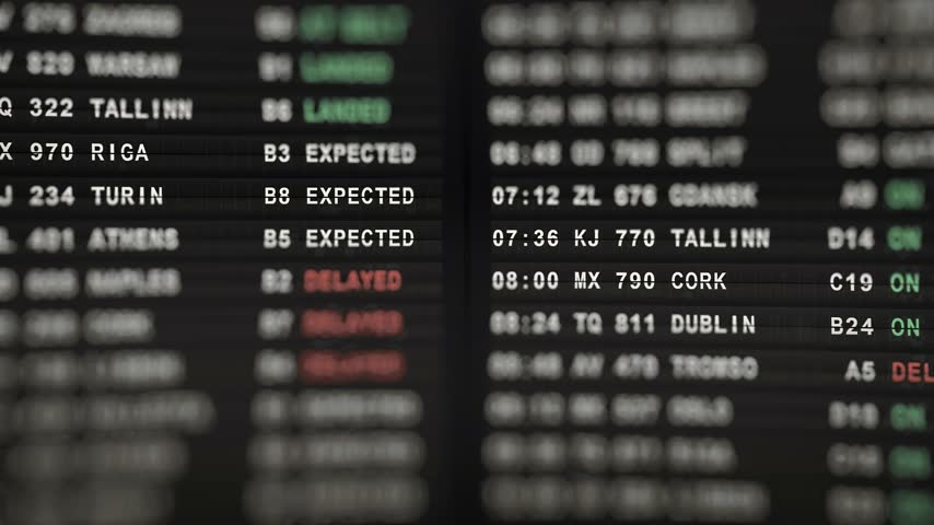 Airport flight departure board close up. Departures and arrivals timetable with landed, expected and delayed status. Travel background