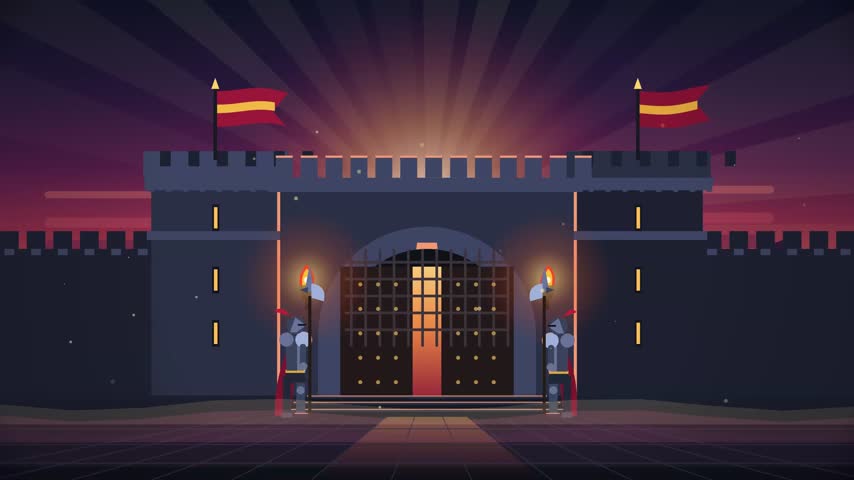 Majestic Fortress Gate Guarded by Armored Soldiers at Dawn