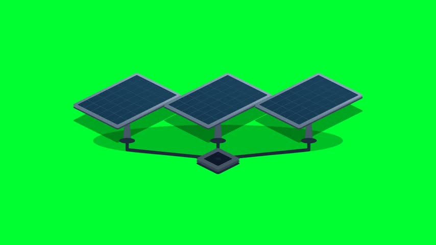 An animated solar panel array fills with blue energy over time, representing sustainable power and charging progress on a flat green chroma key